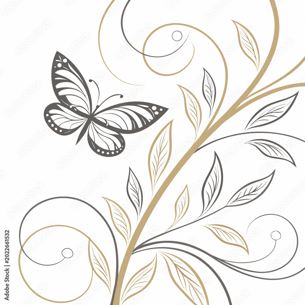 Fototapeta premium Butterfly and floral vine embroidery design