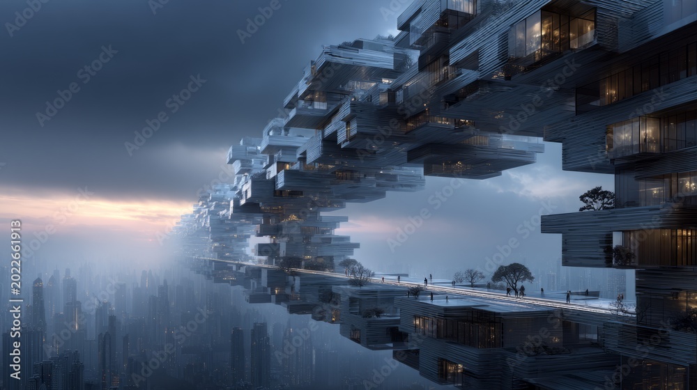 Fototapeta premium Futuristic cityscape with modern cantilevered structure and foggy skyline