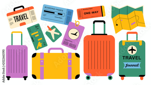 Slika na platnu Travel themed illustration with suitcases tickets and a map on a white backgroun