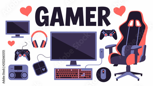 colorful illustration of gaming setup with computer peripherals and gamer text on white