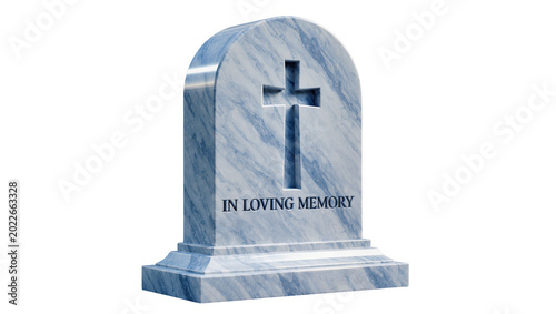 Marble tombstone with carved cross and text, isolated on transparent background