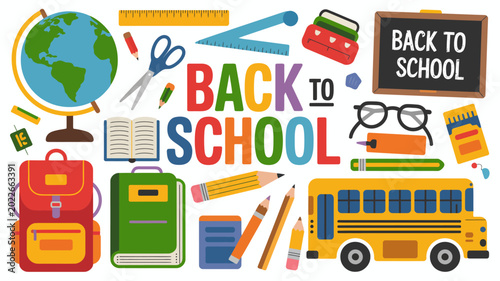 Schilderij op canvas Colorful back to school illustration with school supplies and lettering on a whi