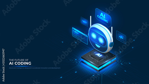 Ai robot coding software and artificial intelligence development. Vector illustration