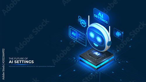 Ai settings robot chatbot interacting with future technology. Vector illustration