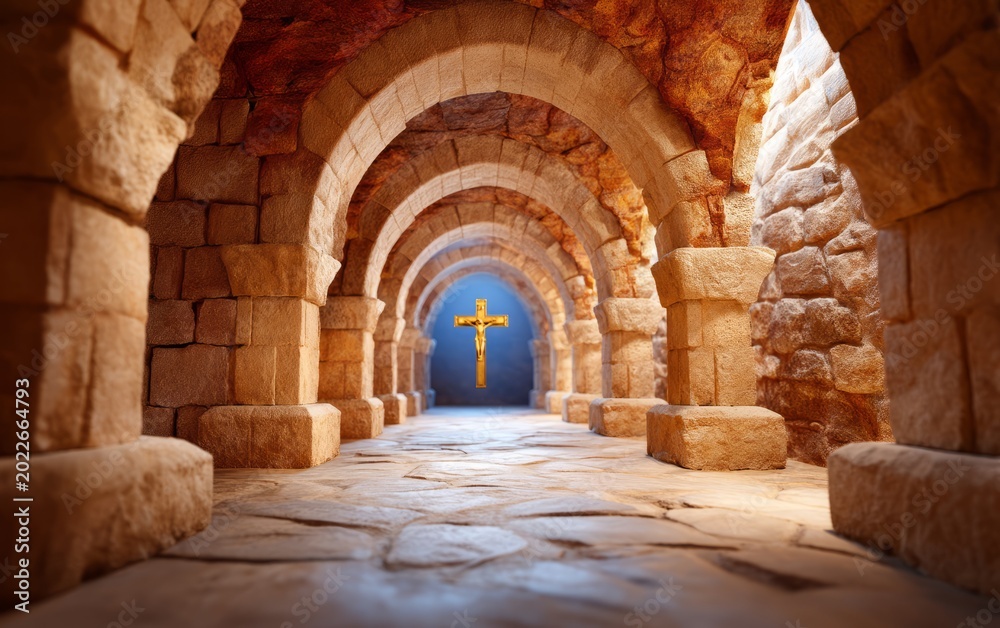 Obraz premium Ancient stone archway corridor leading to illuminated golden cross in sacred space