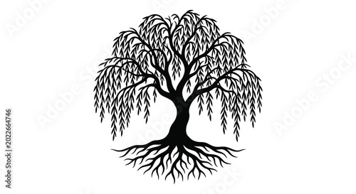 Photos Black silhouette of a weeping willow tree with exposed roots on white background