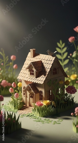 Tiny house surrounded by flowers and greenery in a whimsical garden.