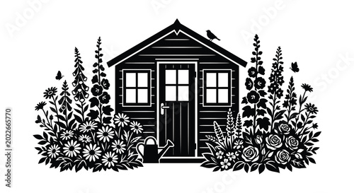 Bild auf Leinwand Black and white illustration of a garden shed surrounded by flowers and butterfl