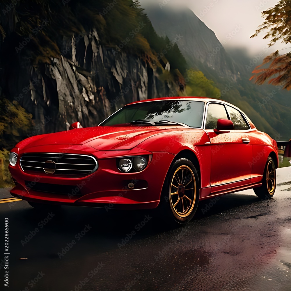 Naklejka premium Red coupe driving on wet mountain road