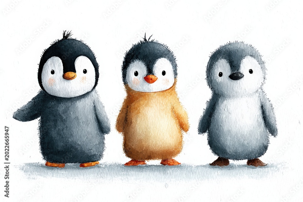 Fototapeta premium Adorable Trio of Fluffy Baby Penguins Standing Together in a Cute Watercolor Illustration