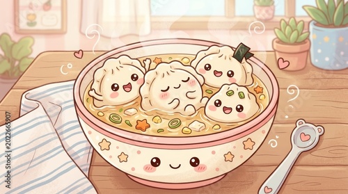 Cute dumplings float in a warm soup bowl with smiling faces.