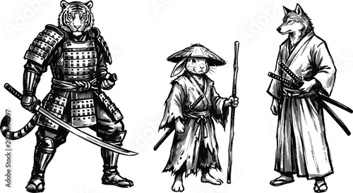 Schilderij op canvas Anthropomorphic Animal Samurai Vector Set Featuring Tiger, Rabbit, and Wolf Char
