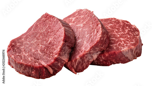 Tableau sur toile Three marbled raw beef steaks rich red color, isolated on transparent background