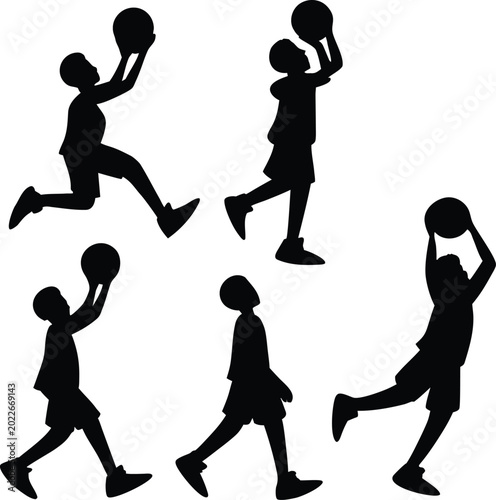 Fotografía Basketball Players Shooting and Posing Black Silhouette Set
