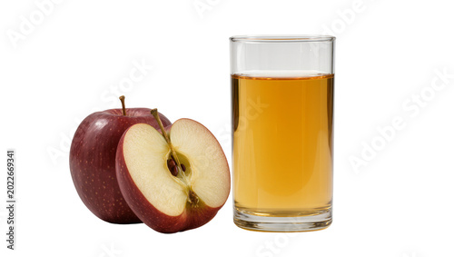 Quadro su tela Red apple and its half with glass of apple juice, isolated on transparent backgr