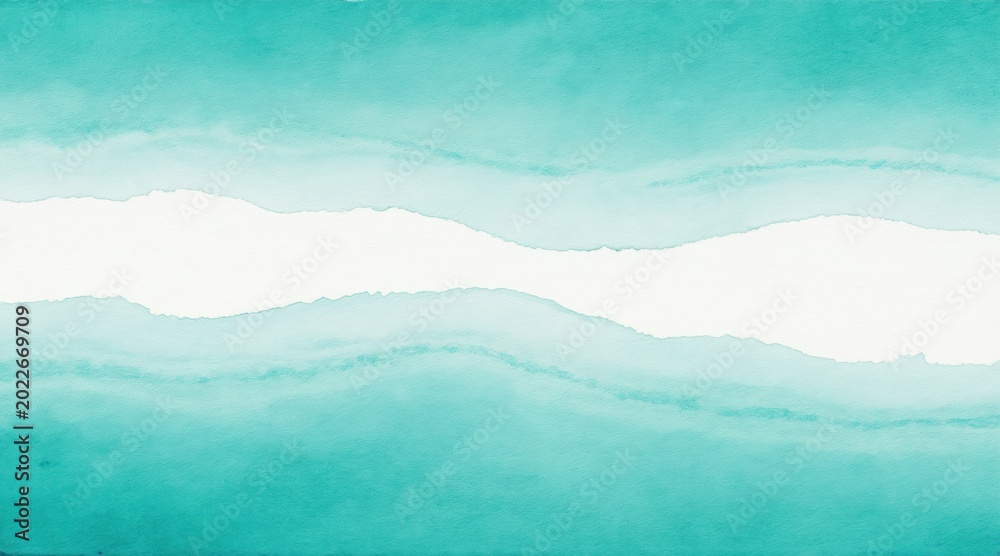 Obraz premium Abstract watercolor wash background. Gentle gradient of aqua and light blue paint strokes on textured paper with a torn white paper effect in middle. Smooth color blend for design.