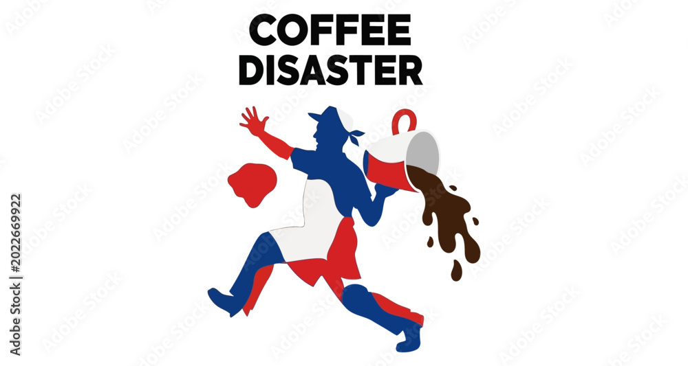 Fototapeta premium Man spilling coffee with hat in motion during morning rush concept vector silhouette isolated on white background