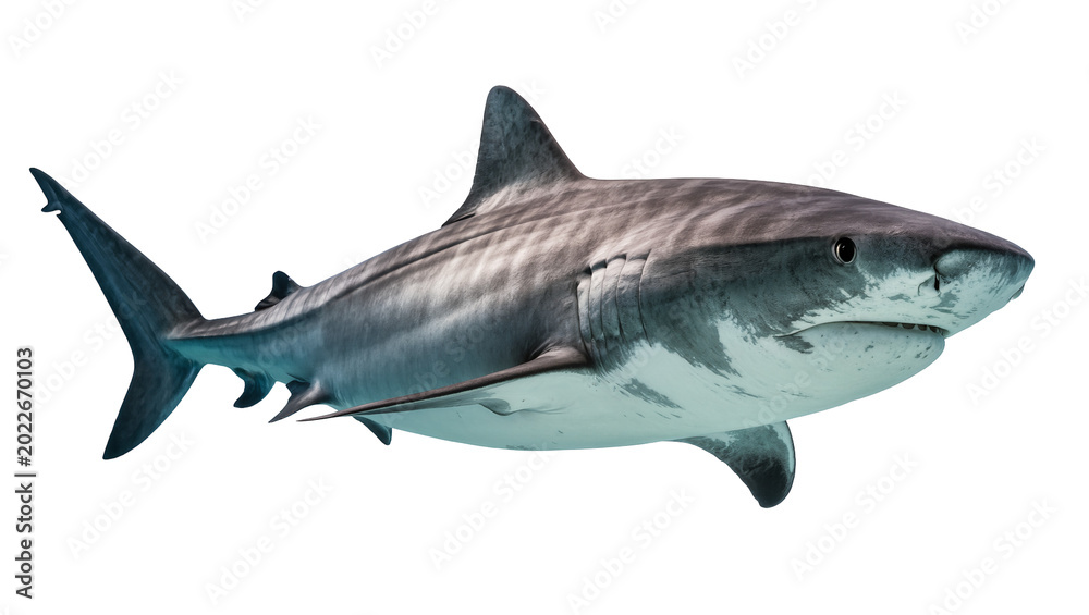 Fototapeta premium Tiger shark with dark stripes and white belly, isolated on transparent background