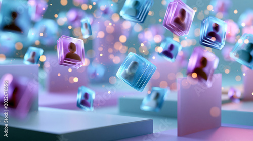 A floating composition of glowing softly defocused digital recruiter icons hovers above a clean bright pastel platform with soft matching panels hiring technology faceless