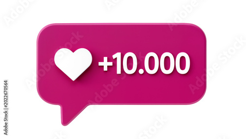 Pink speech bubble with white heart and plus ten thousand count, isolated on transparent background