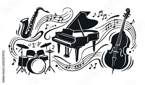 Photography Modern jazz instrument vector art with saxophone piano drums and double bass iso