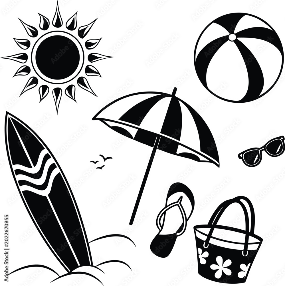Fototapeta premium Summer Vacation Beach Elements and Icons Silhouette Set