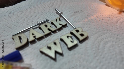 Wooden letters spelling DARK WEB are surrounded by network cables and screws.
