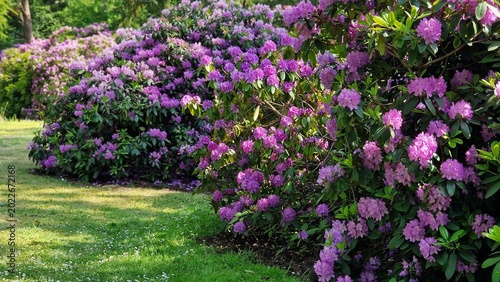 Fotografija Rhododendron bushes with purple flowers, blooming in the garden.