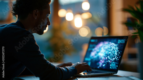 A silhouetted figure uses a bright laptop with a glowing softly defocused artificial intelligence interface in a calm modern workspace agentic AI faceless silhouette modern