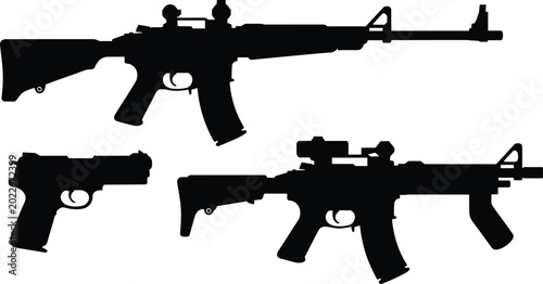 Bild auf Leinwand Military rifle and handgun silhouette collection isolated on gray background for