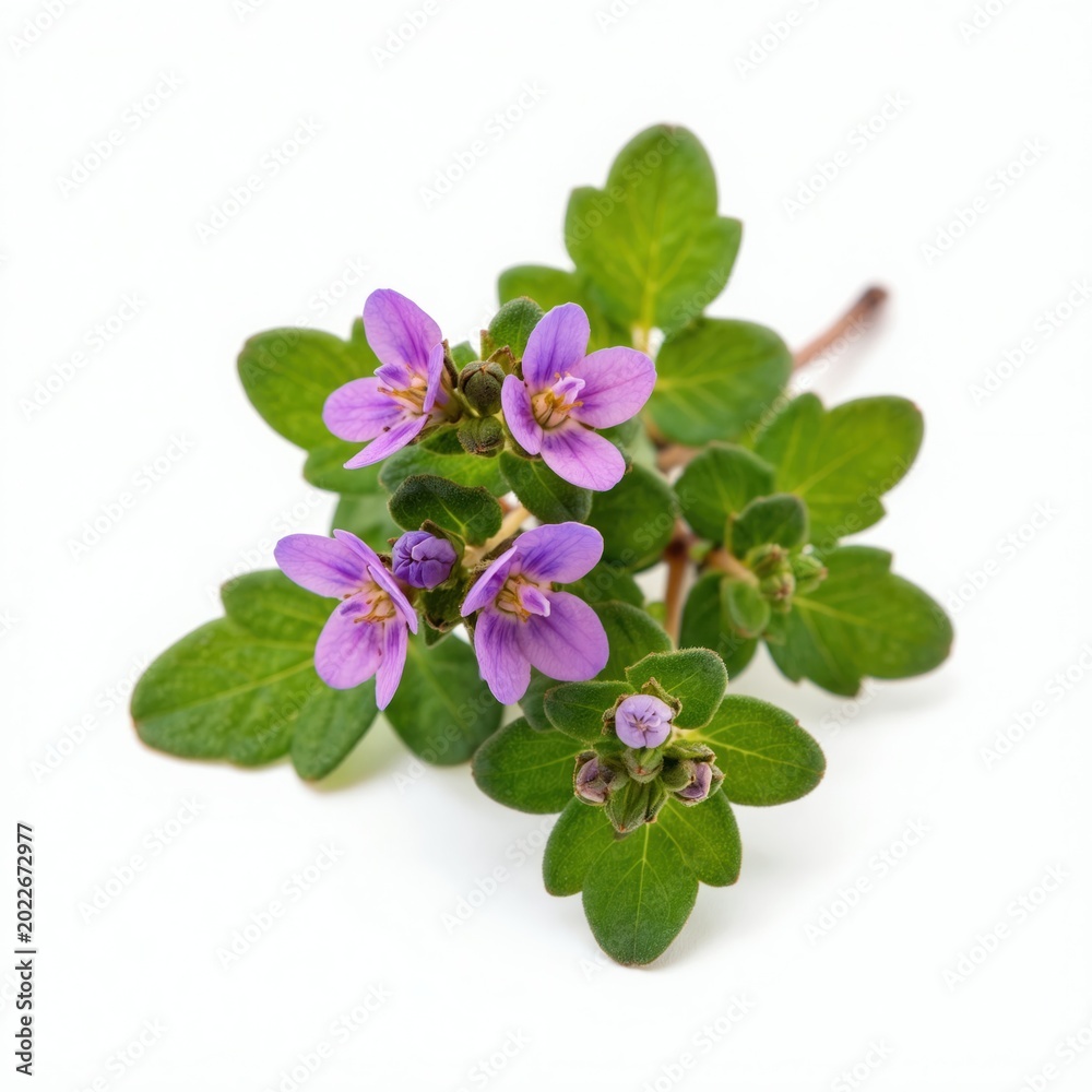 Naklejka premium Small purple thyme flowers bloom on green stems with leaves. Tiny blossoms grow on plant with green foliage. Isolated herb has purple petals and leaf detail.