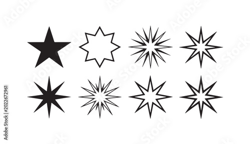 Set of eight star icons, vector illustration of various pointed star shapes.