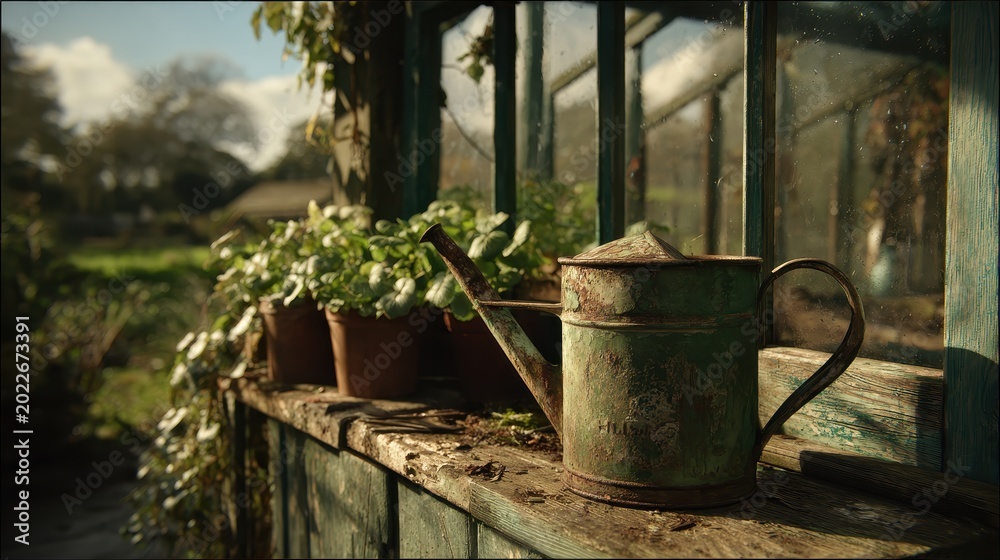 Obraz premium A Vintage Chipped Watering Can and Potted Plants on a Greenhouse Shelf
