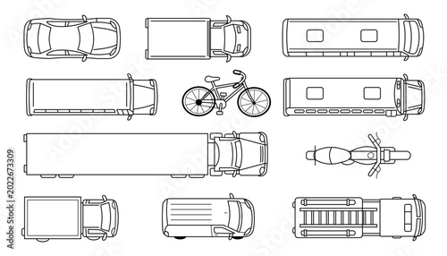 Top view transportation vehicle vector set with cars, trucks, buses, bicycles and motorcycles, thin line transportation icons for city planning, road maps, traffic maps and CAD blueprint design