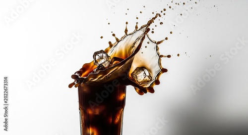 Refreshing drink splash with ice cubes in a glass.
