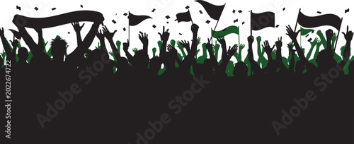 Quadro su tela Silhouette of soccer fans cheering in stadium with flags and banners waving high during winning game moment for football match celebration graphic background design elements