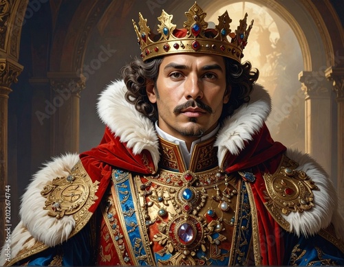 Regal man wears ornate crown & jewels