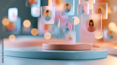 A floating composition of glowing softly defocused digital hiring panels hovers above a clean bright pastel platform with soft talent search icons digital hiring faceless