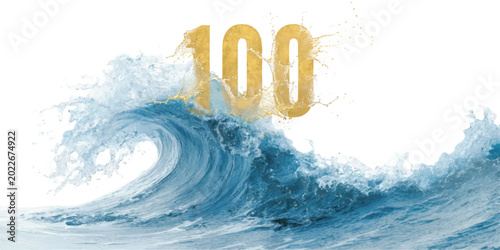 фотографія The number 100 appearing on a powerful ocean wave with breaking crashing backgro
