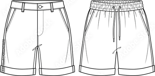 Foto Casual Shorts Technical Fashion Sketch Vector Template with Elastic Drawstring a