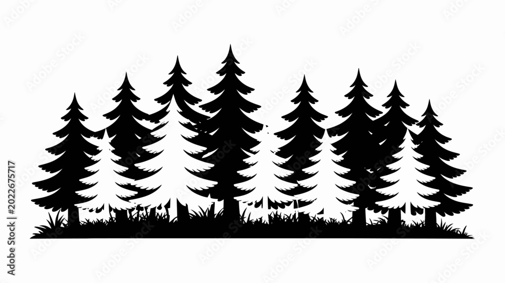 Obraz premium Black and white silhouette of coniferous trees and grass against a white background