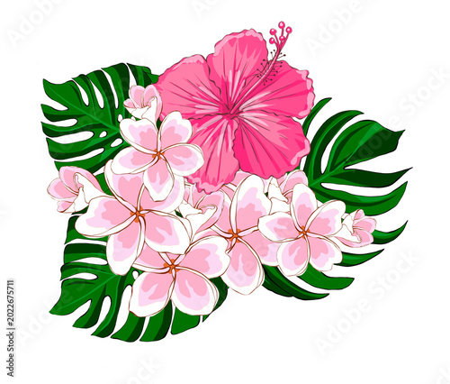 Tropical bouquet of pink hibiscus, plumeria flowers and tropical leaves. Hand drawn floral arrangement for wedding invitations, greeting cards and textiles. Isolated on white background