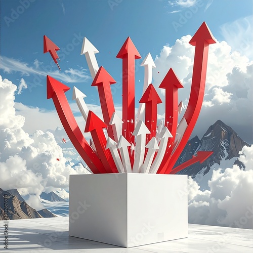 Red and white arrows ascend sky