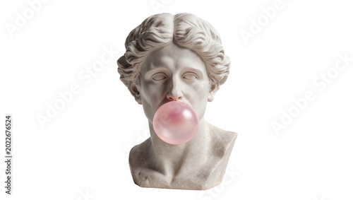 Fotografie Marble bust of a woman with a pink bubblegum bubble, isolated on transparent bac