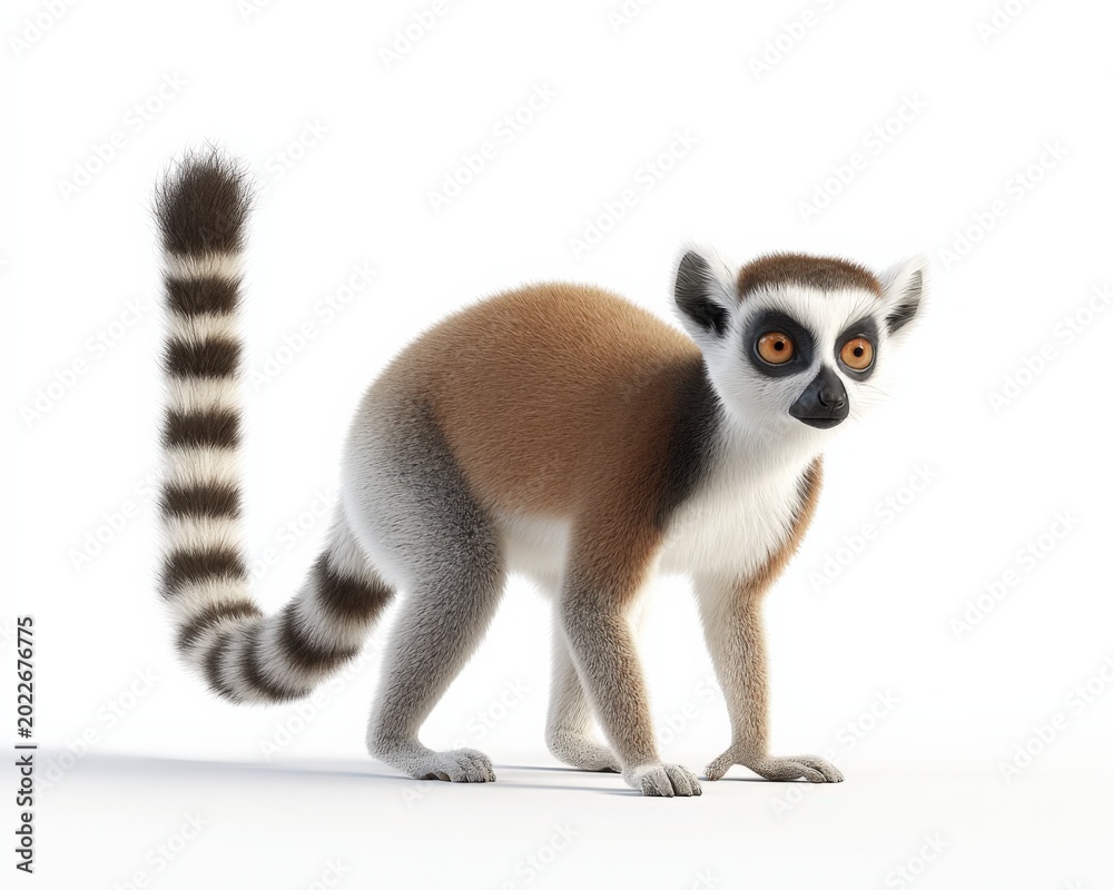 Fototapeta premium Adorable Ring-Tailed Lemur Standing Isolated on a White Background, Capturing its Unique Features