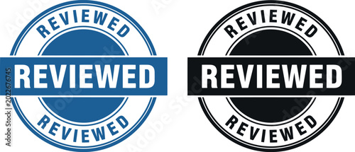 Foto Reviewed Stamp Badge Vector Set in Blue and Black for Approval and Certification