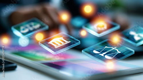 A floating composition of glowing softly defocused compliance dashboard icons drifts above a clean bright pastel platform with soft justice panels digital law faceless concept