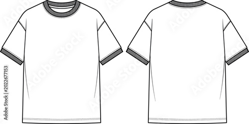 Foto Oversized Crewneck T Shirt Technical Fashion Sketch Vector Template with Front a