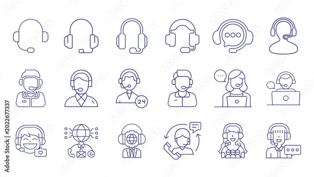 Fototapeta premium Modern Customer Support and Call Center Line Icons Set with Headset Operators, Online Help Desk, Technical Assistance, Communication Service and 24 Hour Support Vector Illustration