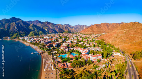 Photos Icmeler town beach aerial panoramic view in Turkey